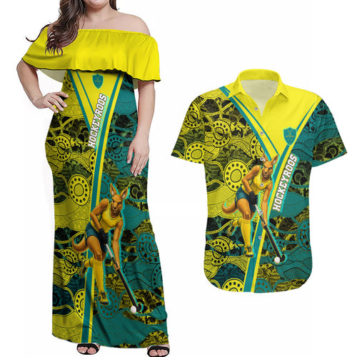 Custom Hockeyroos Kangaroo Field Hockey Couples Matching Off Shoulder Maxi Dress and Hawaiian Shirt Aboriginal Pattern Green Gold Dynamic Athlete Design