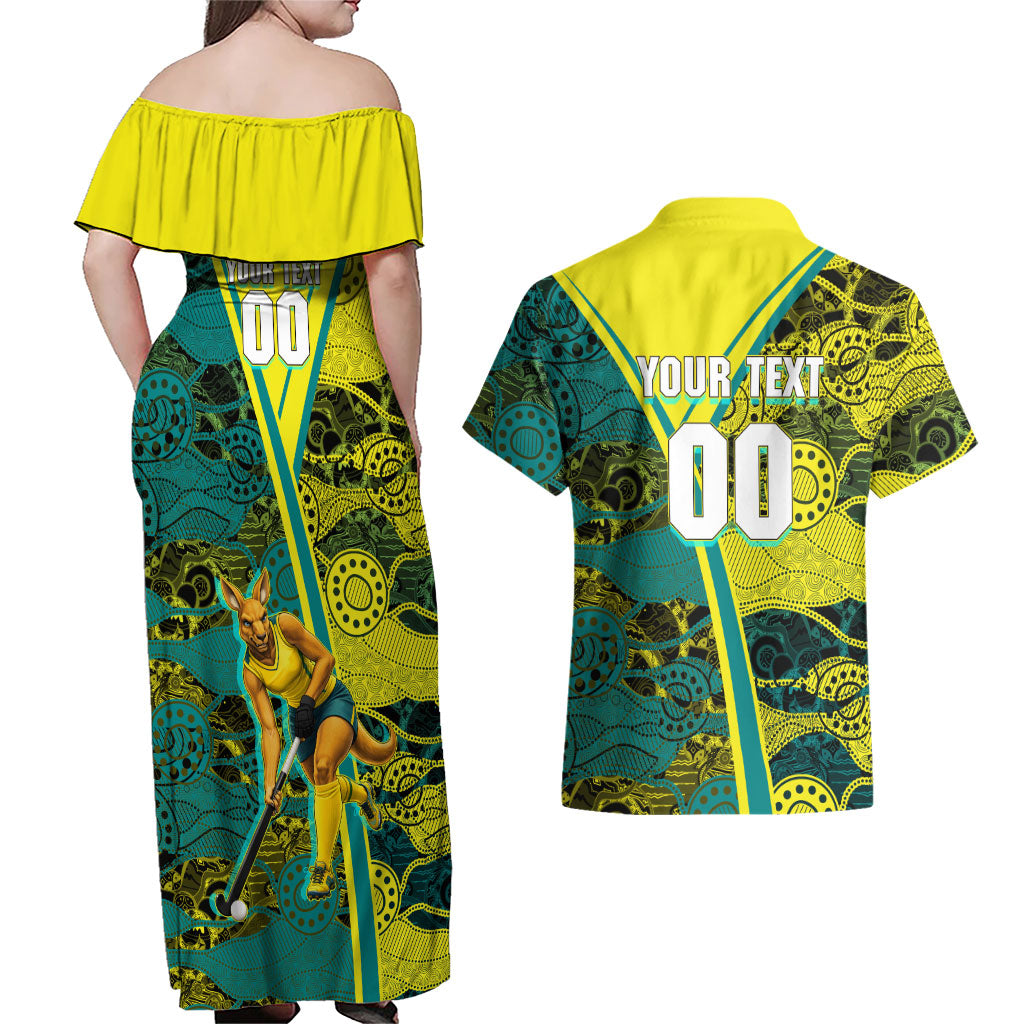 Custom Hockeyroos Kangaroo Field Hockey Couples Matching Off Shoulder Maxi Dress and Hawaiian Shirt Aboriginal Pattern Green Gold Dynamic Athlete Design