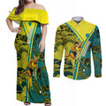 Custom Hockeyroos Kangaroo Field Hockey Couples Matching Off Shoulder Maxi Dress and Long Sleeve Button Shirt Aboriginal Pattern Green Gold Dynamic Athlete Design