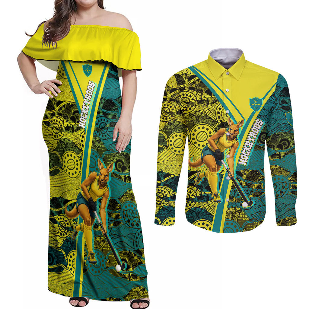 Custom Hockeyroos Kangaroo Field Hockey Couples Matching Off Shoulder Maxi Dress and Long Sleeve Button Shirt Aboriginal Pattern Green Gold Dynamic Athlete Design