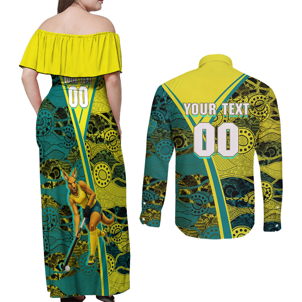 Custom Hockeyroos Kangaroo Field Hockey Couples Matching Off Shoulder Maxi Dress and Long Sleeve Button Shirt Aboriginal Pattern Green Gold Dynamic Athlete Design