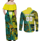 Custom Hockeyroos Kangaroo Field Hockey Couples Matching Off Shoulder Maxi Dress and Long Sleeve Button Shirt Aboriginal Pattern Green Gold Dynamic Athlete Design