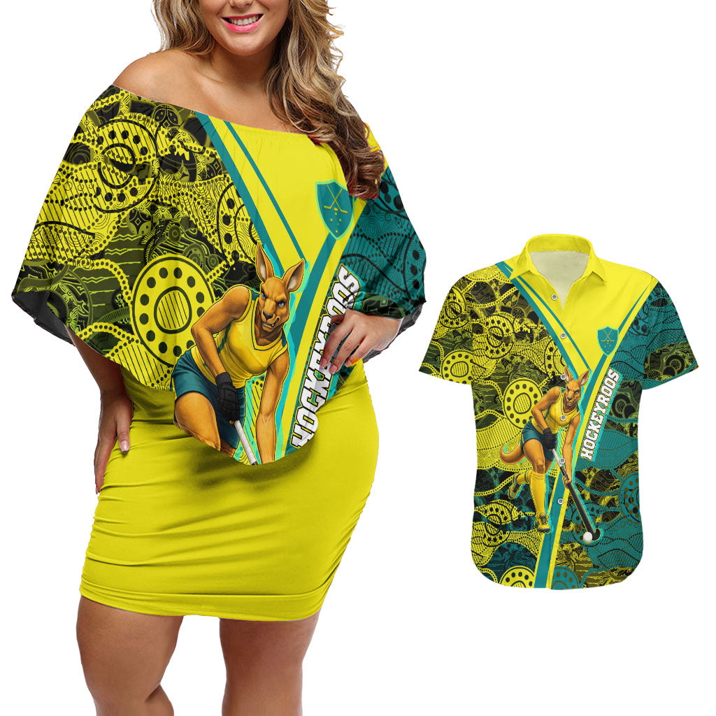 Custom Hockeyroos Kangaroo Field Hockey Couples Matching Off Shoulder Short Dress and Hawaiian Shirt Aboriginal Pattern Green Gold Dynamic Athlete Design