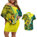 Custom Hockeyroos Kangaroo Field Hockey Couples Matching Off Shoulder Short Dress and Hawaiian Shirt Aboriginal Pattern Green Gold Dynamic Athlete Design