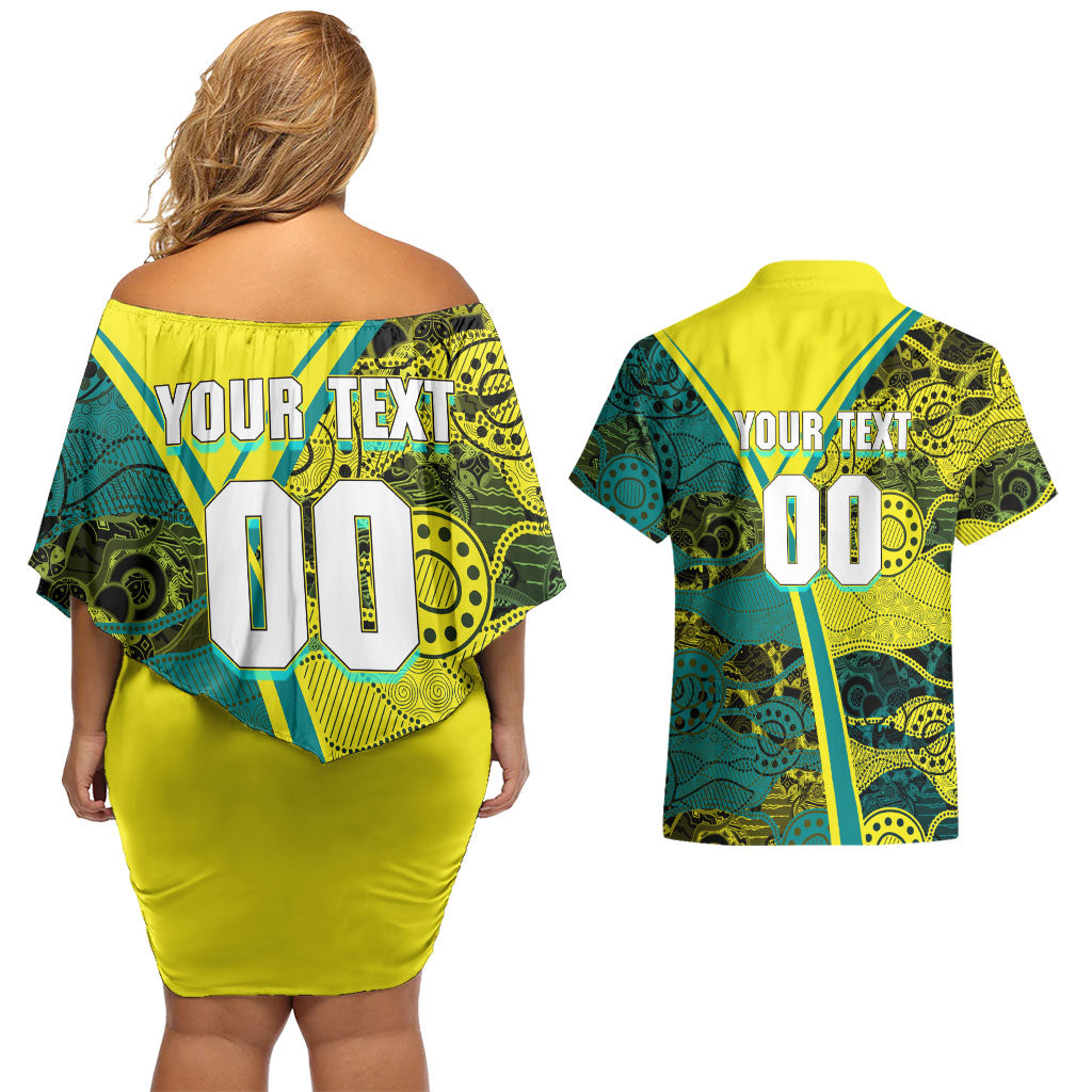 Custom Hockeyroos Kangaroo Field Hockey Couples Matching Off Shoulder Short Dress and Hawaiian Shirt Aboriginal Pattern Green Gold Dynamic Athlete Design