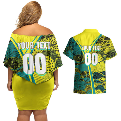 Custom Hockeyroos Kangaroo Field Hockey Couples Matching Off Shoulder Short Dress and Hawaiian Shirt Aboriginal Pattern Green Gold Dynamic Athlete Design