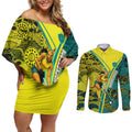Custom Hockeyroos Kangaroo Field Hockey Couples Matching Off Shoulder Short Dress and Long Sleeve Button Shirt Aboriginal Pattern Green Gold Dynamic Athlete Design