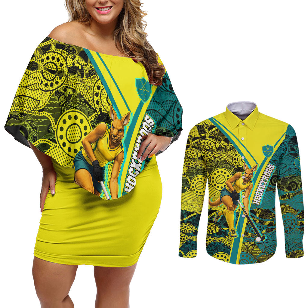 Custom Hockeyroos Kangaroo Field Hockey Couples Matching Off Shoulder Short Dress and Long Sleeve Button Shirt Aboriginal Pattern Green Gold Dynamic Athlete Design