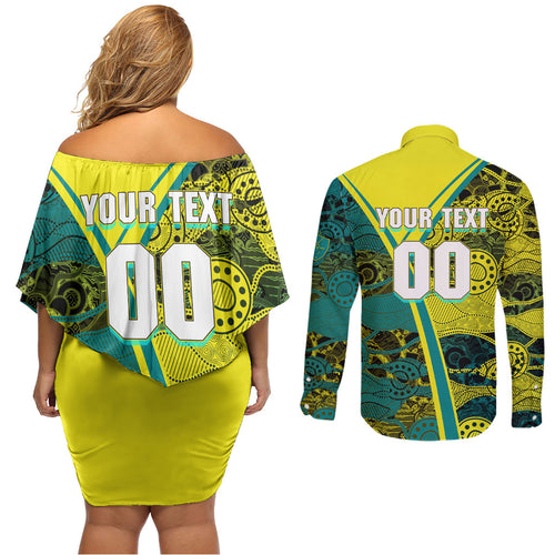 Custom Hockeyroos Kangaroo Field Hockey Couples Matching Off Shoulder Short Dress and Long Sleeve Button Shirt Aboriginal Pattern Green Gold Dynamic Athlete Design
