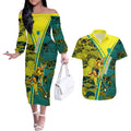 Custom Hockeyroos Kangaroo Field Hockey Couples Matching Off The Shoulder Long Sleeve Dress and Hawaiian Shirt Aboriginal Pattern Green Gold Dynamic Athlete Design