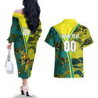 Custom Hockeyroos Kangaroo Field Hockey Couples Matching Off The Shoulder Long Sleeve Dress and Hawaiian Shirt Aboriginal Pattern Green Gold Dynamic Athlete Design