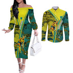 Custom Hockeyroos Kangaroo Field Hockey Couples Matching Off The Shoulder Long Sleeve Dress and Long Sleeve Button Shirt Aboriginal Pattern Green Gold Dynamic Athlete Design