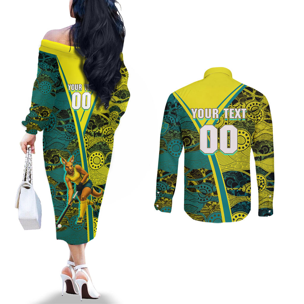 Custom Hockeyroos Kangaroo Field Hockey Couples Matching Off The Shoulder Long Sleeve Dress and Long Sleeve Button Shirt Aboriginal Pattern Green Gold Dynamic Athlete Design