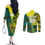 Custom Hockeyroos Kangaroo Field Hockey Couples Matching Off The Shoulder Long Sleeve Dress and Long Sleeve Button Shirt Aboriginal Pattern Green Gold Dynamic Athlete Design