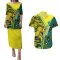 Custom Hockeyroos Kangaroo Field Hockey Couples Matching Puletasi and Hawaiian Shirt Aboriginal Pattern Green Gold Dynamic Athlete Design