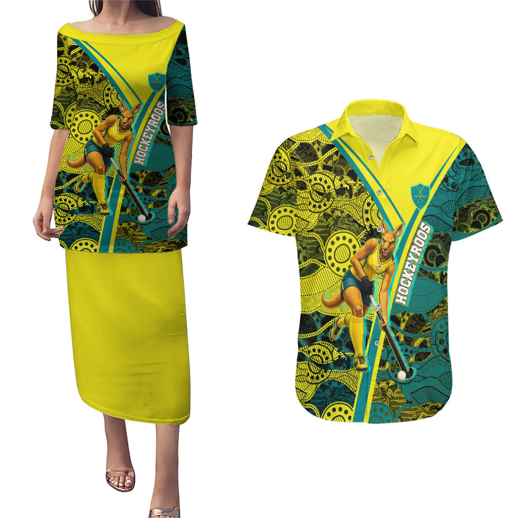 Custom Hockeyroos Kangaroo Field Hockey Couples Matching Puletasi and Hawaiian Shirt Aboriginal Pattern Green Gold Dynamic Athlete Design