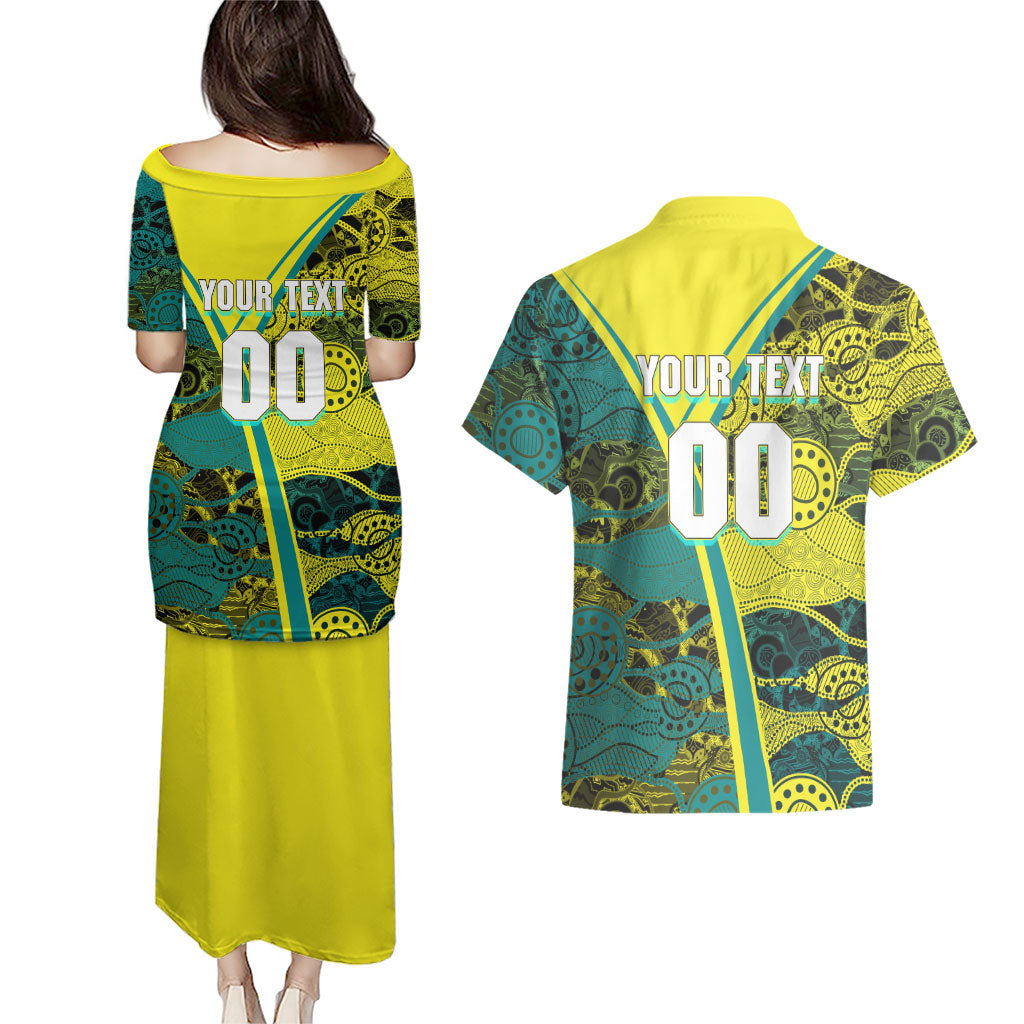 Custom Hockeyroos Kangaroo Field Hockey Couples Matching Puletasi and Hawaiian Shirt Aboriginal Pattern Green Gold Dynamic Athlete Design