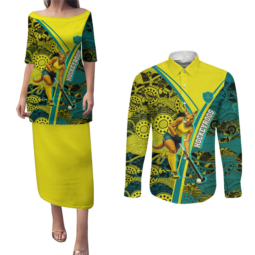 Custom Hockeyroos Kangaroo Field Hockey Couples Matching Puletasi and Long Sleeve Button Shirt Aboriginal Pattern Green Gold Dynamic Athlete Design