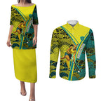 Custom Hockeyroos Kangaroo Field Hockey Couples Matching Puletasi and Long Sleeve Button Shirt Aboriginal Pattern Green Gold Dynamic Athlete Design