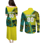 Custom Hockeyroos Kangaroo Field Hockey Couples Matching Puletasi and Long Sleeve Button Shirt Aboriginal Pattern Green Gold Dynamic Athlete Design