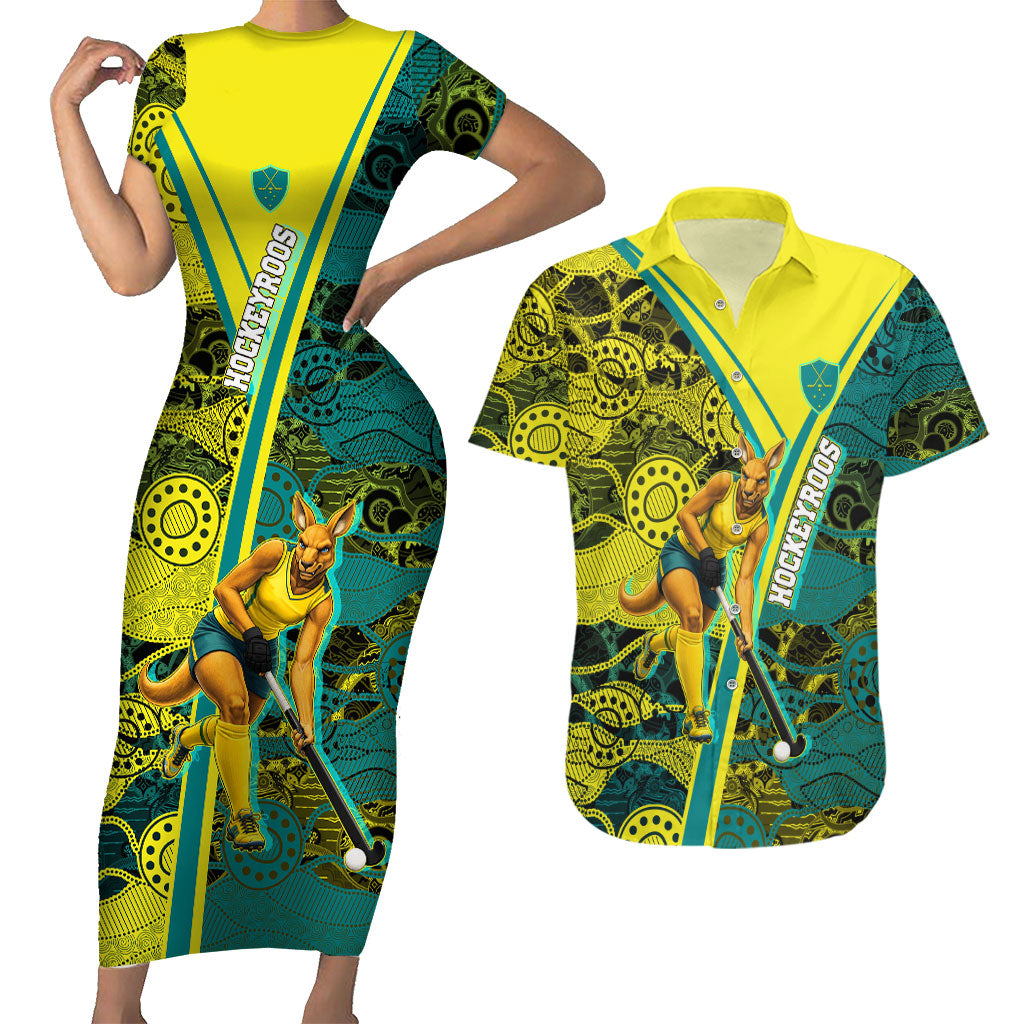 Custom Hockeyroos Kangaroo Field Hockey Couples Matching Short Sleeve Bodycon Dress and Hawaiian Shirt Aboriginal Pattern Green Gold Dynamic Athlete Design