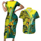 Custom Hockeyroos Kangaroo Field Hockey Couples Matching Short Sleeve Bodycon Dress and Hawaiian Shirt Aboriginal Pattern Green Gold Dynamic Athlete Design