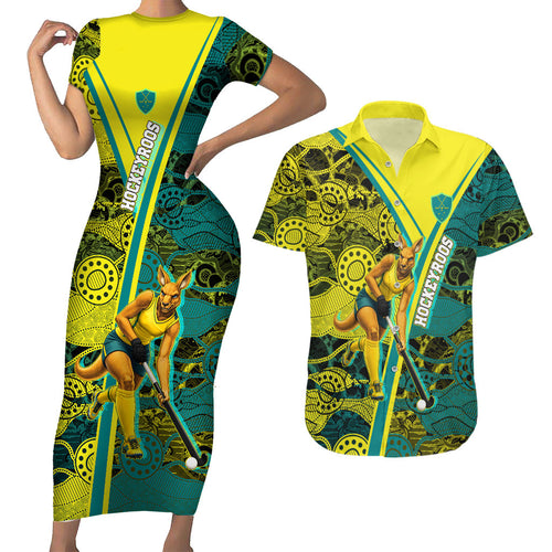 Custom Hockeyroos Kangaroo Field Hockey Couples Matching Short Sleeve Bodycon Dress and Hawaiian Shirt Aboriginal Pattern Green Gold Dynamic Athlete Design