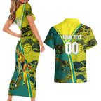 Custom Hockeyroos Kangaroo Field Hockey Couples Matching Short Sleeve Bodycon Dress and Hawaiian Shirt Aboriginal Pattern Green Gold Dynamic Athlete Design