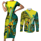 Custom Hockeyroos Kangaroo Field Hockey Couples Matching Short Sleeve Bodycon Dress and Long Sleeve Button Shirt Aboriginal Pattern Green Gold Dynamic Athlete Design