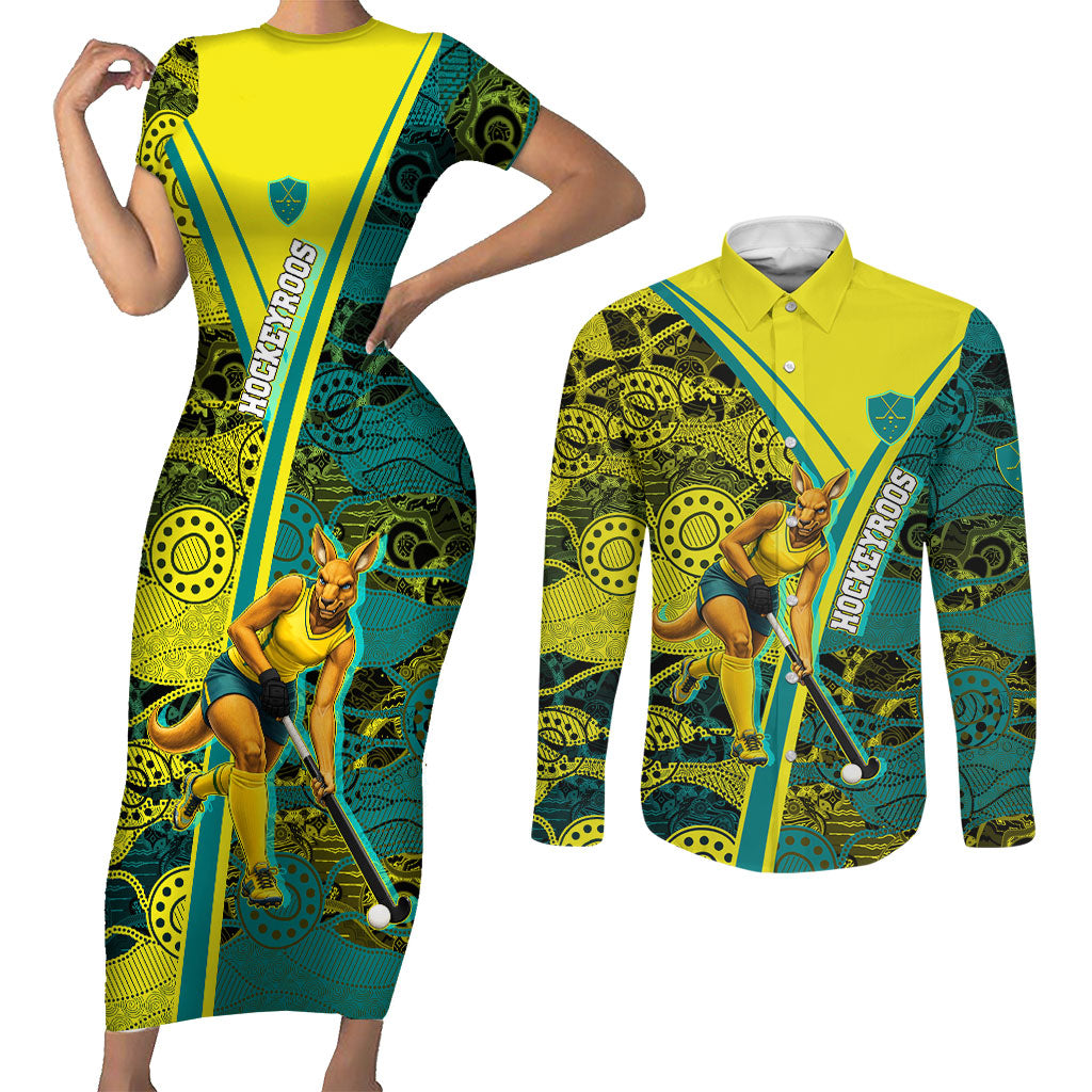 Custom Hockeyroos Kangaroo Field Hockey Couples Matching Short Sleeve Bodycon Dress and Long Sleeve Button Shirt Aboriginal Pattern Green Gold Dynamic Athlete Design