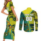 Custom Hockeyroos Kangaroo Field Hockey Couples Matching Short Sleeve Bodycon Dress and Long Sleeve Button Shirt Aboriginal Pattern Green Gold Dynamic Athlete Design