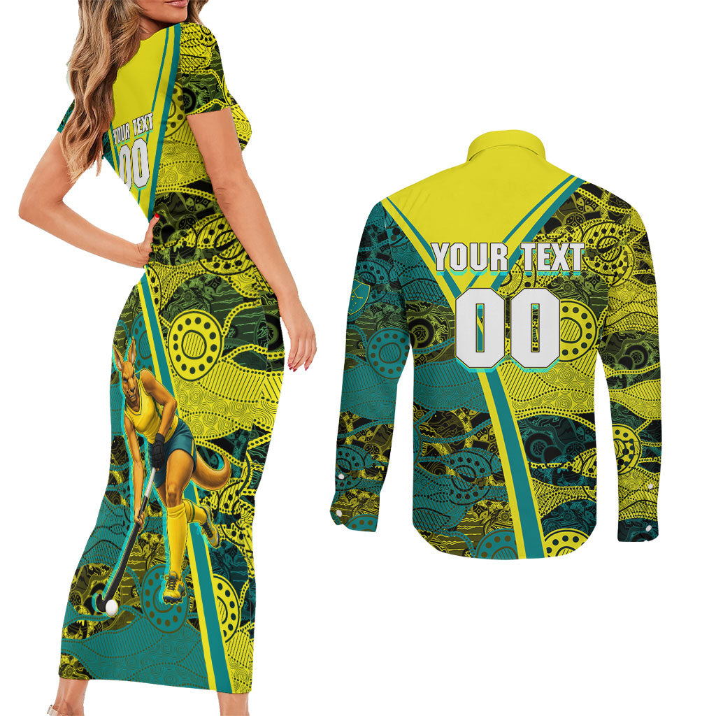 Custom Hockeyroos Kangaroo Field Hockey Couples Matching Short Sleeve Bodycon Dress and Long Sleeve Button Shirt Aboriginal Pattern Green Gold Dynamic Athlete Design
