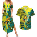 Custom Hockeyroos Kangaroo Field Hockey Couples Matching Summer Maxi Dress and Hawaiian Shirt Aboriginal Pattern Green Gold Dynamic Athlete Design