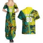 Custom Hockeyroos Kangaroo Field Hockey Couples Matching Summer Maxi Dress and Hawaiian Shirt Aboriginal Pattern Green Gold Dynamic Athlete Design
