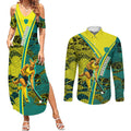 Custom Hockeyroos Kangaroo Field Hockey Couples Matching Summer Maxi Dress and Long Sleeve Button Shirt Aboriginal Pattern Green Gold Dynamic Athlete Design