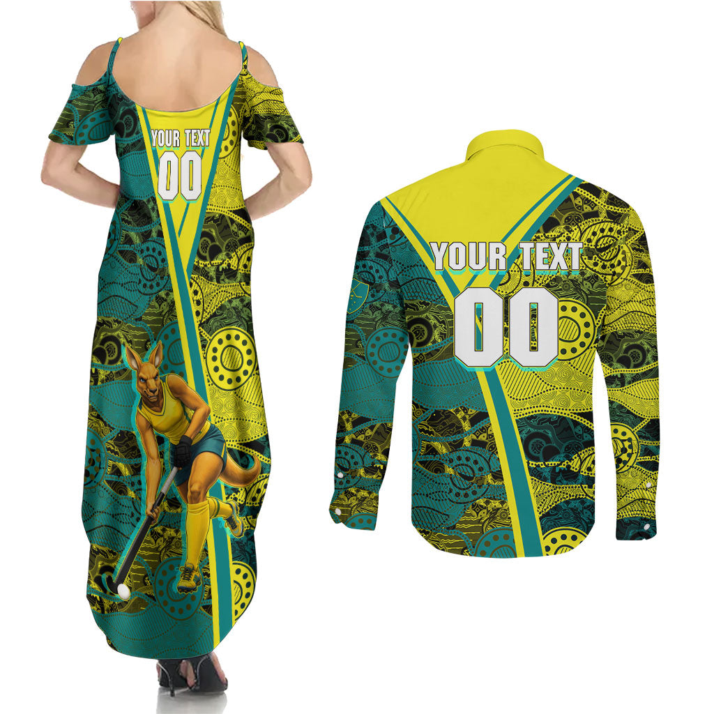 Custom Hockeyroos Kangaroo Field Hockey Couples Matching Summer Maxi Dress and Long Sleeve Button Shirt Aboriginal Pattern Green Gold Dynamic Athlete Design