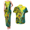 Custom Hockeyroos Kangaroo Field Hockey Couples Matching Tank Maxi Dress and Hawaiian Shirt Aboriginal Pattern Green Gold Dynamic Athlete Design
