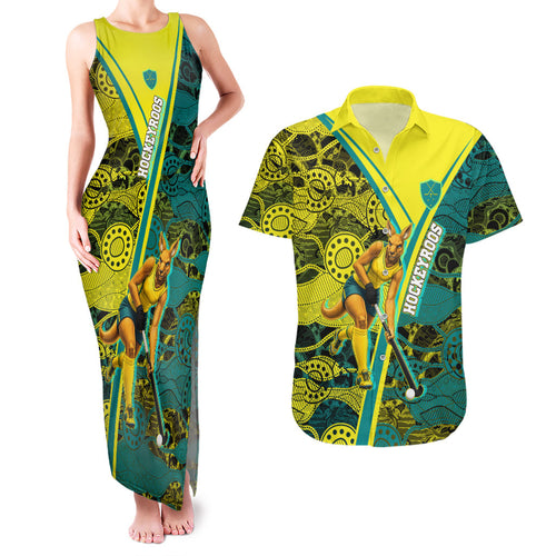 Custom Hockeyroos Kangaroo Field Hockey Couples Matching Tank Maxi Dress and Hawaiian Shirt Aboriginal Pattern Green Gold Dynamic Athlete Design