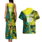 Custom Hockeyroos Kangaroo Field Hockey Couples Matching Tank Maxi Dress and Hawaiian Shirt Aboriginal Pattern Green Gold Dynamic Athlete Design
