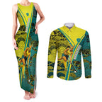 Custom Hockeyroos Kangaroo Field Hockey Couples Matching Tank Maxi Dress and Long Sleeve Button Shirt Aboriginal Pattern Green Gold Dynamic Athlete Design