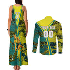 Custom Hockeyroos Kangaroo Field Hockey Couples Matching Tank Maxi Dress and Long Sleeve Button Shirt Aboriginal Pattern Green Gold Dynamic Athlete Design