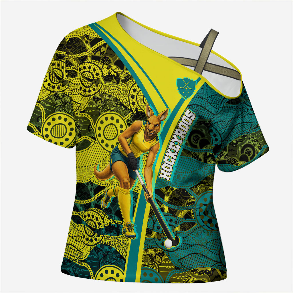 Custom Hockeyroos Kangaroo Field Hockey Cross Shoulder Shirt Aboriginal Pattern Green Gold Dynamic Athlete Design