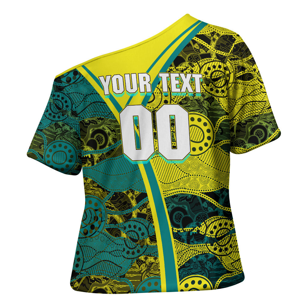 Custom Hockeyroos Kangaroo Field Hockey Cross Shoulder Shirt Aboriginal Pattern Green Gold Dynamic Athlete Design