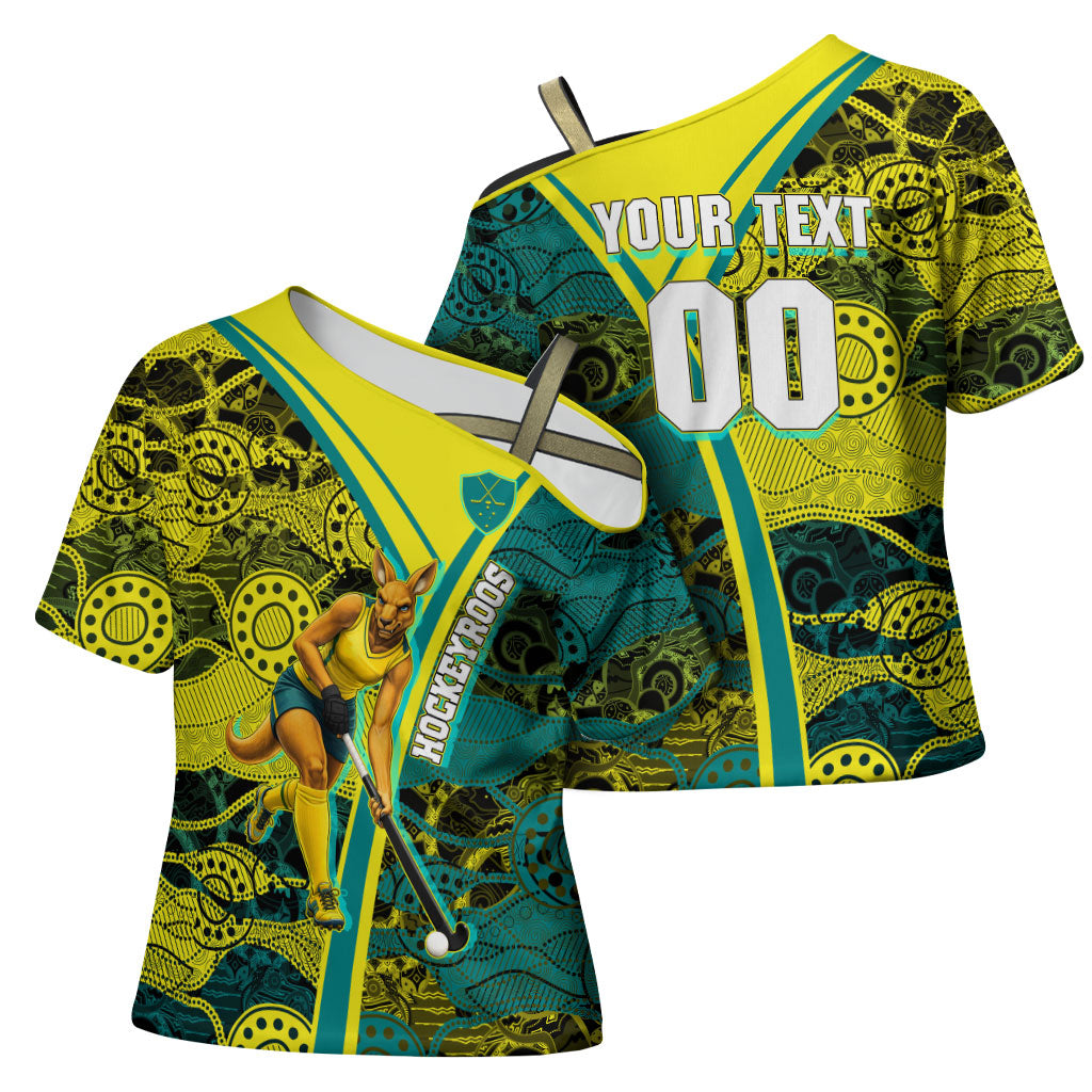 Custom Hockeyroos Kangaroo Field Hockey Cross Shoulder Shirt Aboriginal Pattern Green Gold Dynamic Athlete Design