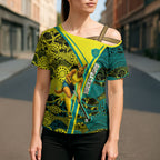 Custom Hockeyroos Kangaroo Field Hockey Cross Shoulder Shirt Aboriginal Pattern Green Gold Dynamic Athlete Design