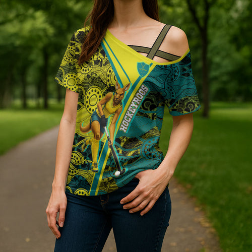 Custom Hockeyroos Kangaroo Field Hockey Cross Shoulder Shirt Aboriginal Pattern Green Gold Dynamic Athlete Design