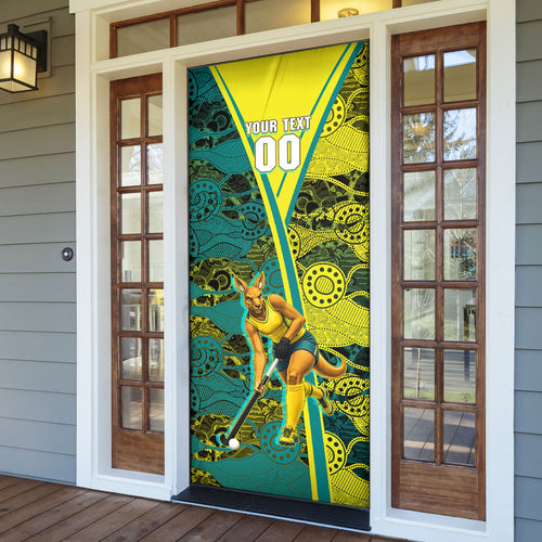 Custom Hockeyroos Kangaroo Field Hockey Door Cover Aboriginal Pattern Green Gold Dynamic Athlete Design