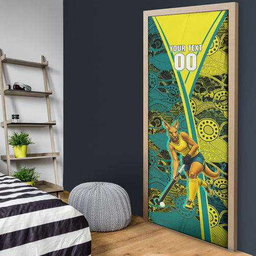 Custom Hockeyroos Kangaroo Field Hockey Door Cover Aboriginal Pattern Green Gold Dynamic Athlete Design