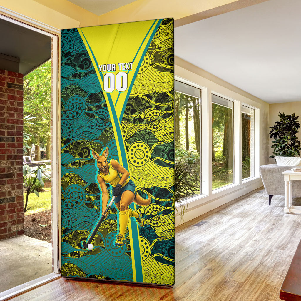 Custom Hockeyroos Kangaroo Field Hockey Door Cover Aboriginal Pattern Green Gold Dynamic Athlete Design