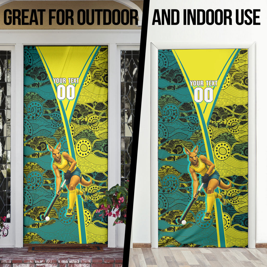 Custom Hockeyroos Kangaroo Field Hockey Door Cover Aboriginal Pattern Green Gold Dynamic Athlete Design